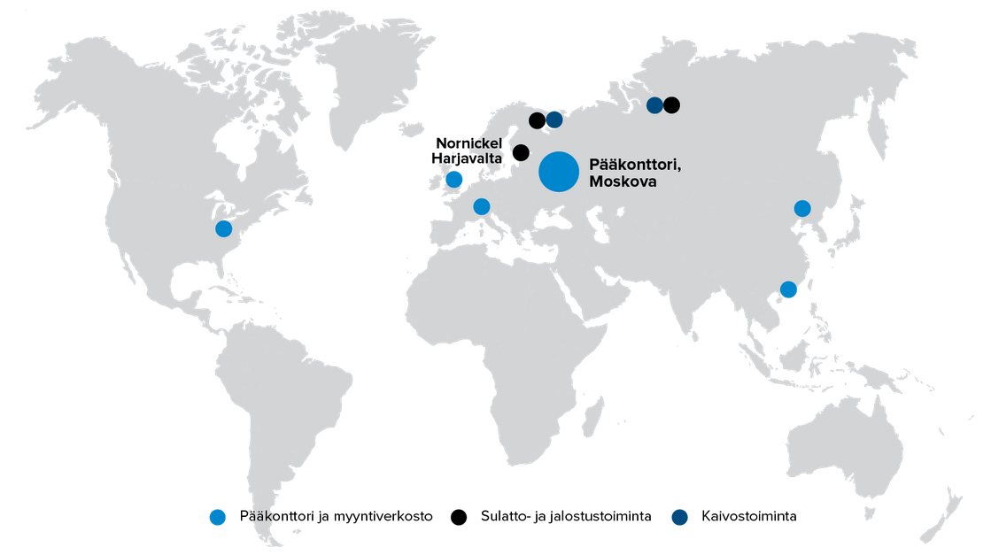 Nornikelin konttorit, myyntiverkosto, sulatto- ja jalostustoimipaikat sekä kaivokset maailmankartalla