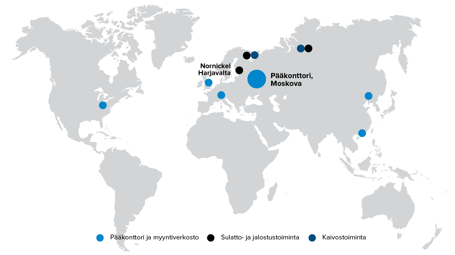 Nornikelin konttorit, myyntiverkosto, sulatto- ja jalostustoimipaikat sekä kaivokset maailmankartalla
